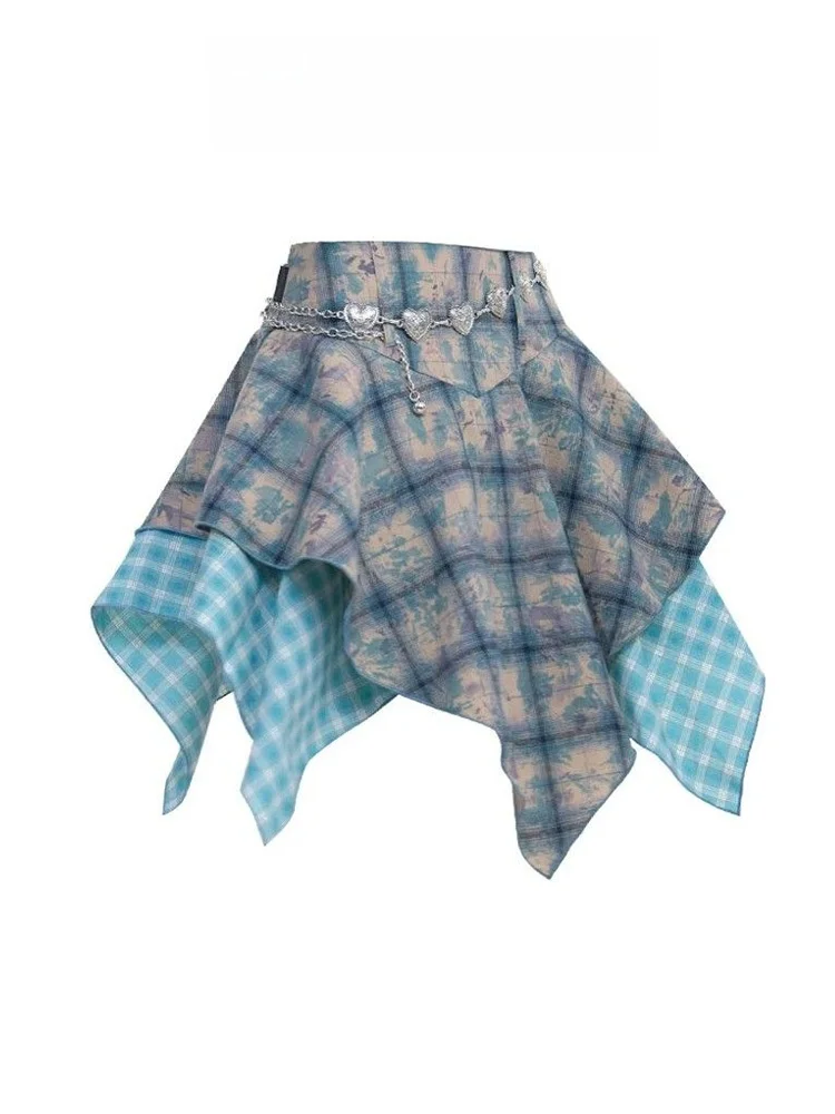 Y2K Модная синяя клетчатая юбка с принтом тай-дай, женская летняя юбка трапециевидной формы с высокой талией и асимметричным дизайном в стиле ретро 
Y2K Модная синяя клетчатая юбка с принтом тай-дай, женская летняя юбка трапециевидной формы с высокой талией и асимметричным дизайном в стиле ретро