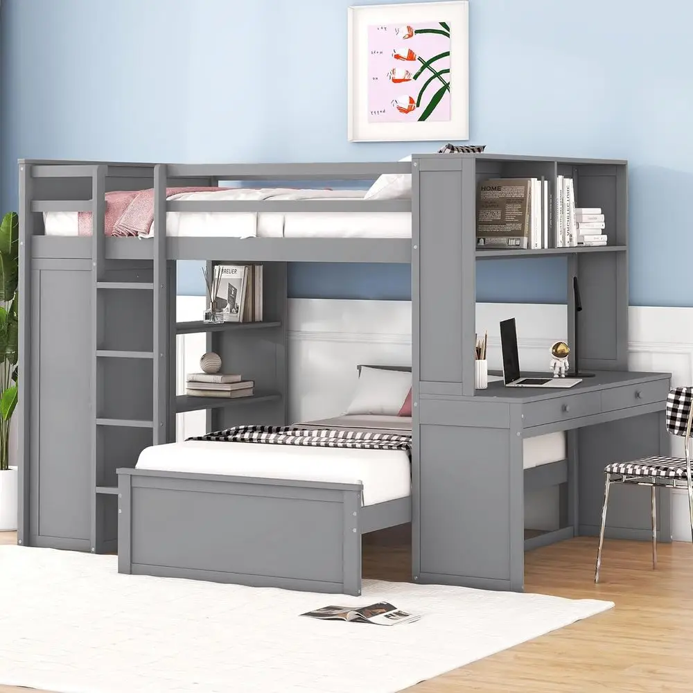 Gray Twin Bunk Bed with Desk, Storage, Shelves, Wardrobe - Solid Wood, Suitable for Kids, Teens, Adults
Gray Twin Bunk Bed with Desk, Storage, Shelves, Wardrobe - Solid Wood, Suitable for Kids, Teens, Adults