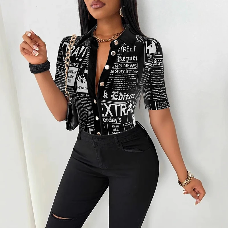 Summer Commuting Shirts For Women Fashion Elegant Turn Down Collar Newspaper Print Single Breasted Short Sleeve Slim Blouses
Summer Commuting Shirts For Women Fashion Elegant Turn Down Collar Newspaper Print Single Breasted Short Sleeve Slim Blouses