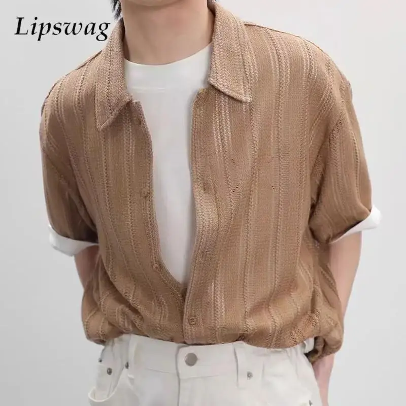 Casual Mesh Knit Shirts Men Vintage Turn-down Collar Button-up Cardigan Tops Men's Summer Clothing Fashion Solid Color Shirt
Casual Mesh Knit Shirts Men Vintage Turn-down Collar Button-up Cardigan Tops Men's Summer Clothing Fashion Solid Color Shirt