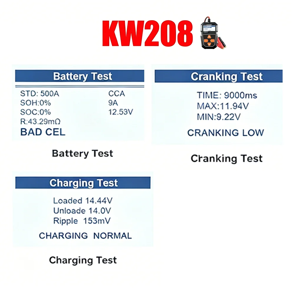 KONNWEI KW208 12V Car Battery Tester 12V 100 to 2000CCA Cranking Charging Circut Tester Battery Analyzer Battery Tools Lead Acid
KONNWEI KW208 12V Car Battery Tester 12V 100 to 2000CCA Cranking Charging Circut Tester Battery Analyzer Battery Tools Lead Acid