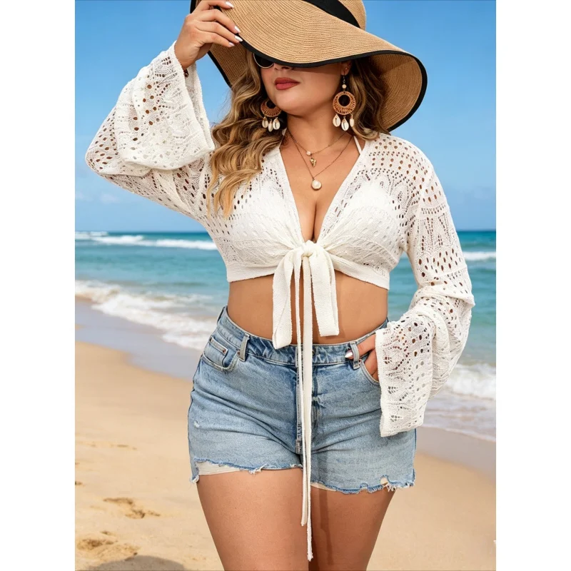 Women V Neck Front Self Tie Crochet Crop Top Flare Bell Sleeve Hollow Open Knit Boho Beach Bikini Cover Up Shrug
Women V Neck Front Self Tie Crochet Crop Top Flare Bell Sleeve Hollow Open Knit Boho Beach Bikini Cover Up Shrug