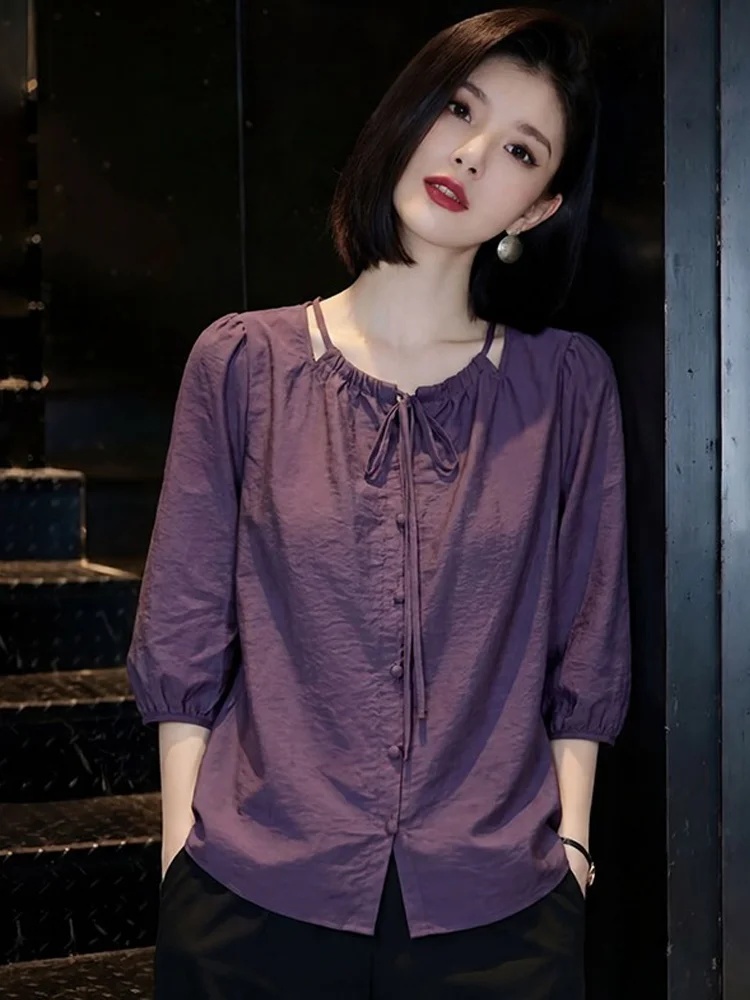 Elegant Purple Belted Seven-Quarter Sleeve Shirt Women Summer plus Size Hide Belly Slimming Personality Top Casual Loose Fit
Elegant Purple Belted Seven-Quarter Sleeve Shirt Women Summer plus Size Hide Belly Slimming Personality Top Casual Loose Fit