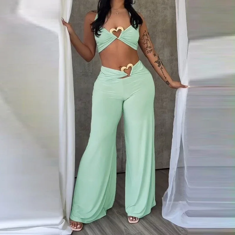Two Piece Sets Womens Outifits Metal Patchwork Lace-Up Halter Low-Neck Crop Tops+Solid Wide-leg Pants Simple Casual Suits 2025
Two Piece Sets Womens Outifits Metal Patchwork Lace-Up Halter Low-Neck Crop Tops+Solid Wide-leg Pants Simple Casual Suits 2025