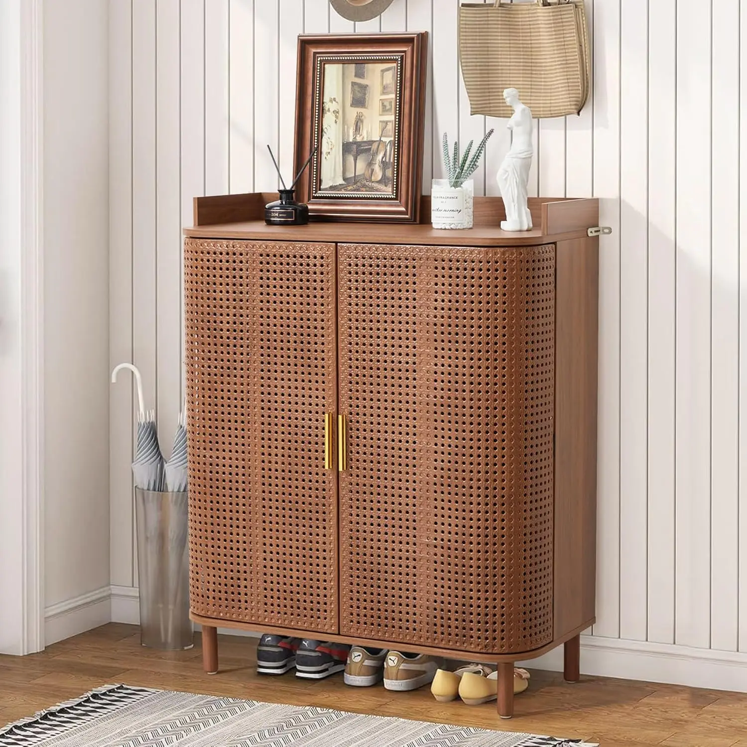 5 Tier Wooden Shoe Storage Cabinet with Adjustable Shelves Rattan Curved Doors for Entryway Hallway Walnut, Customized
5 Tier Wooden Shoe Storage Cabinet with Adjustable Shelves Rattan Curved Doors for Entryway Hallway Walnut, Customized