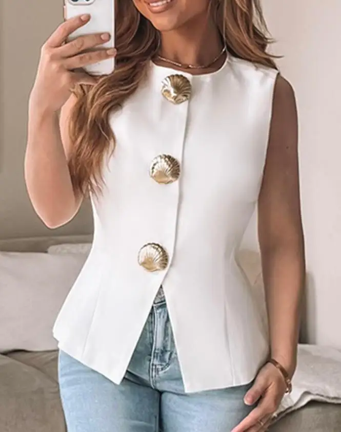 Top Women 2025 Summer New Solid Color Sleeveless Round Neck Fashion Shell Button Vest Top Casual Slim Fit Daily Tank Top
Top Women 2025 Summer New Solid Color Sleeveless Round Neck Fashion Shell Button Vest Top Casual Slim Fit Daily Tank Top
