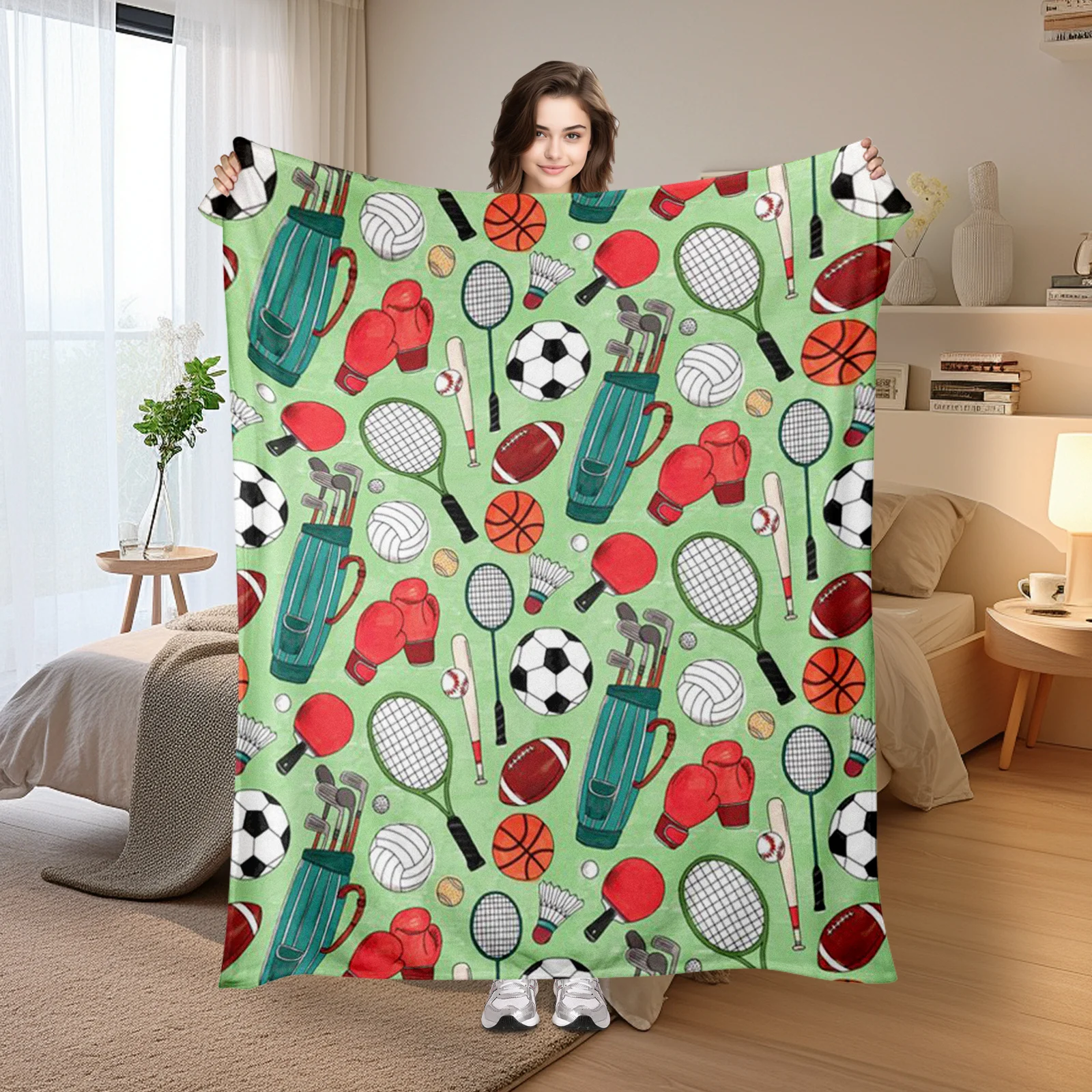Dynamic Sports Design Blanket Featuring Football And Badminton Racket With Green Background For Athletes And Home Decor
Dynamic Sports Design Blanket Featuring Football And Badminton Racket With Green Background For Athletes And Home Decor
