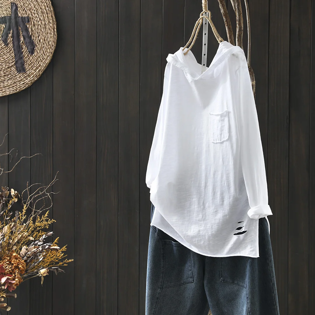 Women's Cotton Linen Hooded Pulls, Loose Hole, Casual, All Match, Vintage, Summer, Female Tees, 2024
Women's Cotton Linen Hooded Pulls, Loose Hole, Casual, All Match, Vintage, Summer, Female Tees, 2024