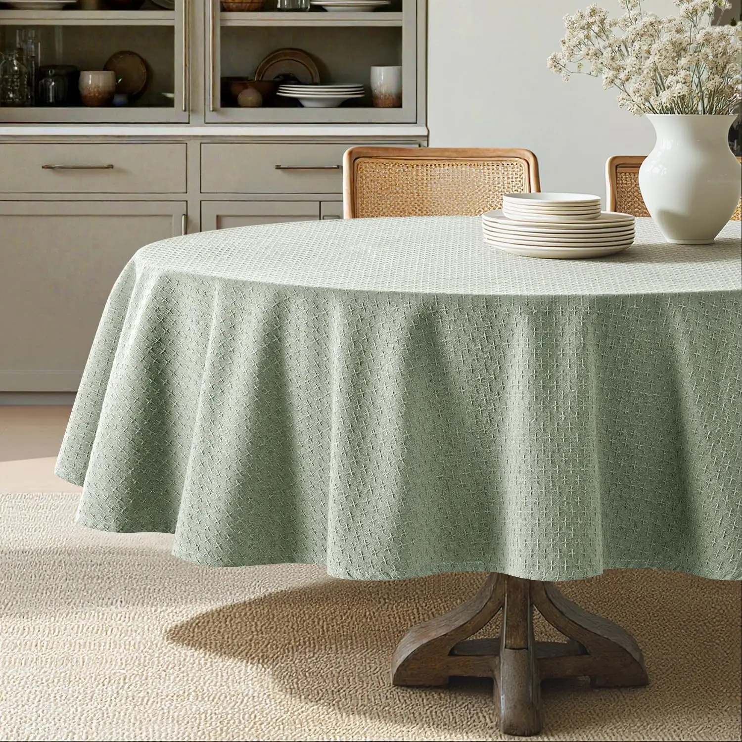 Sage Green Linen Cotton Round Tablecloth, Waterproof & Spillproof, Cross-Star Textured, 60 Inch, Farmhouse Style for Dining
Sage Green Linen Cotton Round Tablecloth, Waterproof & Spillproof, Cross-Star Textured, 60 Inch, Farmhouse Style for Dining