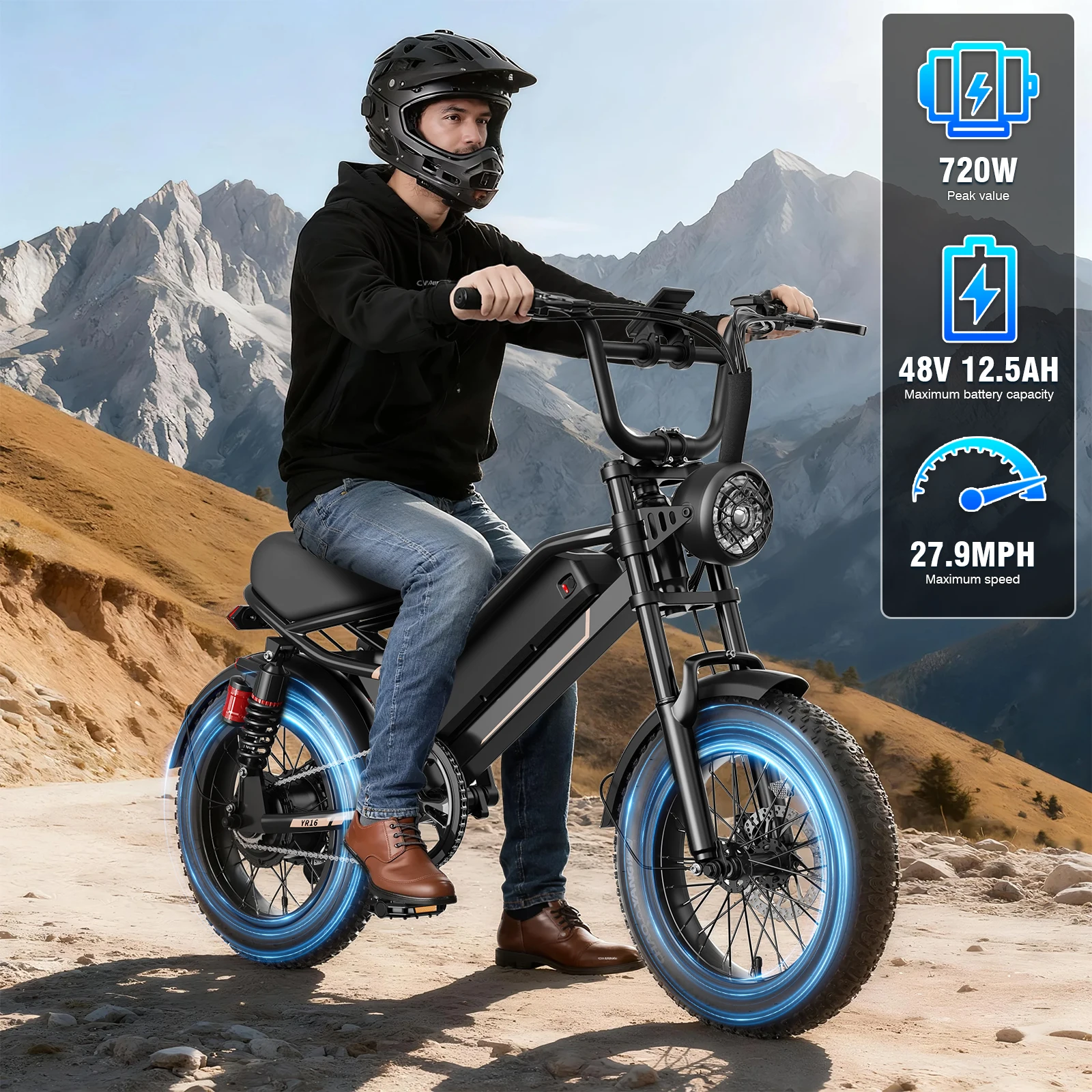720W 48V Electric Dirt Bike, 48V12.5AH 40Miles Range, 27.9MPH, 16x4 inch Fat Tire,with Front Suspension, Electric Mountain Bike
720W 48V Electric Dirt Bike, 48V12.5AH 40Miles Range, 27.9MPH, 16x4 inch Fat Tire,with Front Suspension, Electric Mountain Bike