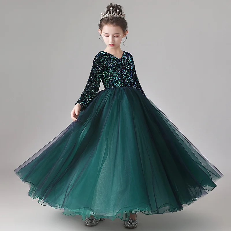 Dark Green Shiny Children's Dress Summer New Long Sleeve Girls' Evening Dress Little Girl Little Host Violin Performance
Dark Green Shiny Children's Dress Summer New Long Sleeve Girls' Evening Dress Little Girl Little Host Violin Performance
