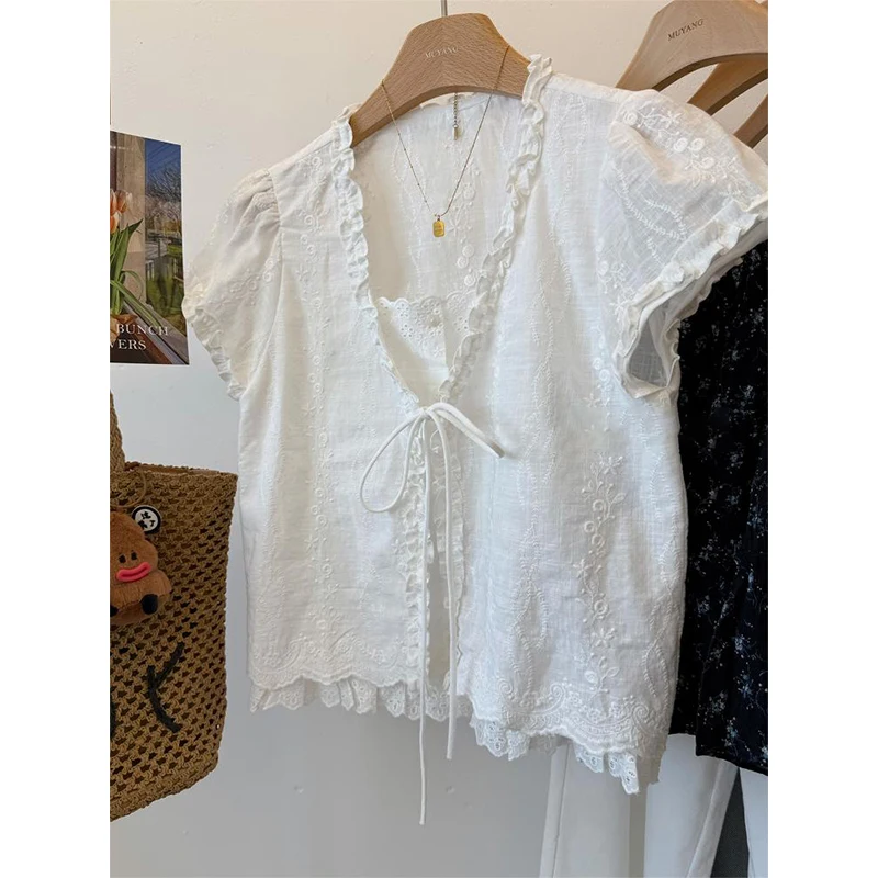 Summer 2026 Slimming Embroidered Ruffle Shirt Tie-Belted Open Front Blouse Stylish Design Casual Loose Fit Women's Fashion
Summer 2026 Slimming Embroidered Ruffle Shirt Tie-Belted Open Front Blouse Stylish Design Casual Loose Fit Women's Fashion