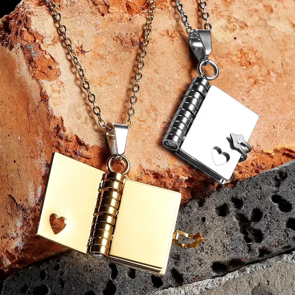 Chic Stainless Steel Book Pendant Necklace Metal Neck Jewelry Women's Sweater Chain Openable Charm Lovers Choker Necklace Gift
Chic Stainless Steel Book Pendant Necklace Metal Neck Jewelry Women's Sweater Chain Openable Charm Lovers Choker Necklace Gift