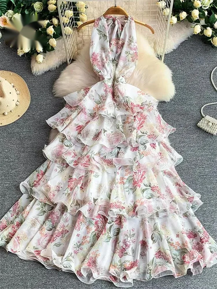 Ruffle Floral Cake Dress French Style Sleeveless Backless Halter Lace Up Slim Ladies Romantic Luxury Party Maxi Dress
Ruffle Floral Cake Dress French Style Sleeveless Backless Halter Lace Up Slim Ladies Romantic Luxury Party Maxi Dress