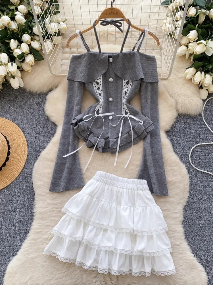 Harajuku Japanese Kawaii Sweet Knit 2 Pieces Set Women Strap Ruffle Flounce Tops+Elastic Waist Mini Skirt Y2K Cute Casual Suits
Harajuku Japanese Kawaii Sweet Knit 2 Pieces Set Women Strap Ruffle Flounce Tops+Elastic Waist Mini Skirt Y2K Cute Casual Suits