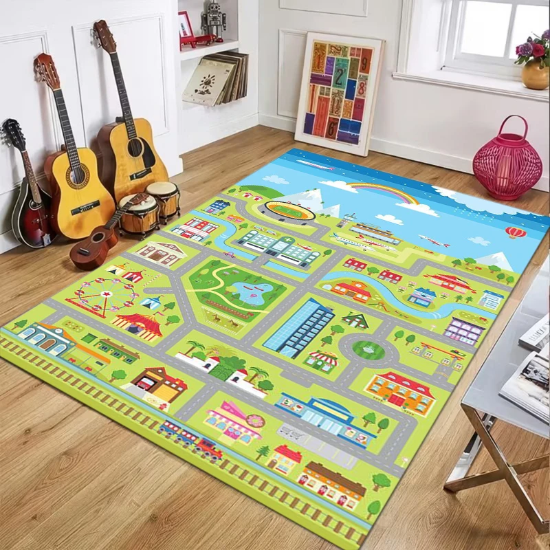 Kids City Traffic Play Mat Area Rug Cartoon Town Map Print with Park Train Rainbow Design Washable Soft Carpet for Playroom
Kids City Traffic Play Mat Area Rug Cartoon Town Map Print with Park Train Rainbow Design Washable Soft Carpet for Playroom