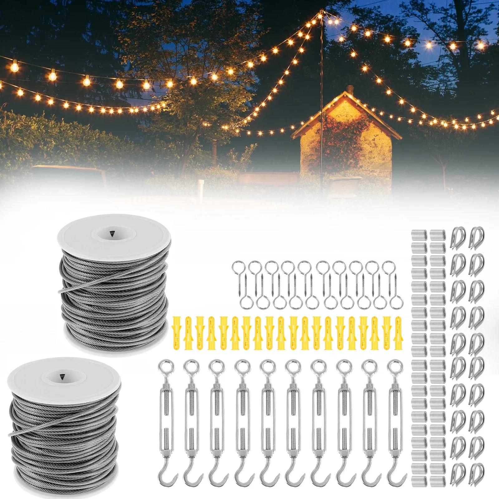 Комплект троса из нержавеющей стали с ПВХ-покрытием, высокопроизводительный универсальный гирляндный светильник, подвесной направляющий провод для веревки для палатки, бельевой веревки
Комплект троса из нержавеющей стали с ПВХ-покрытием, высокопроизводительный универсальный гирляндный светильник, подвесной направляющий провод для веревки для палатки, бельевой веревки