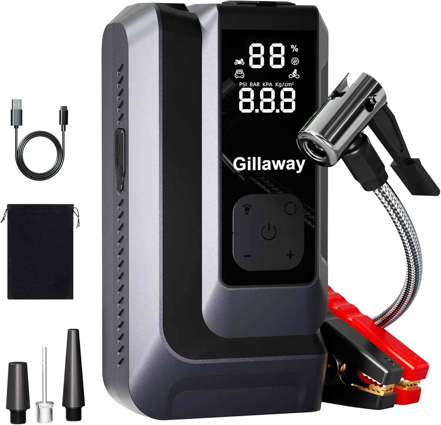 Portable Jump Starter 4500A with 150PSI Inflator, Air Compressor, Flashlight & Power Bank
Portable Jump Starter 4500A with 150PSI Inflator, Air Compressor, Flashlight & Power Bank