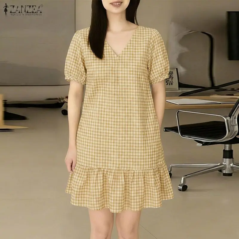 ZANZEA Women's Casual Gingham Dresses V-Neck Short Puff Sleeve Ruffled Hem Knee-Length Dress Summer Loose A-Line Robes Femme
ZANZEA Women's Casual Gingham Dresses V-Neck Short Puff Sleeve Ruffled Hem Knee-Length Dress Summer Loose A-Line Robes Femme