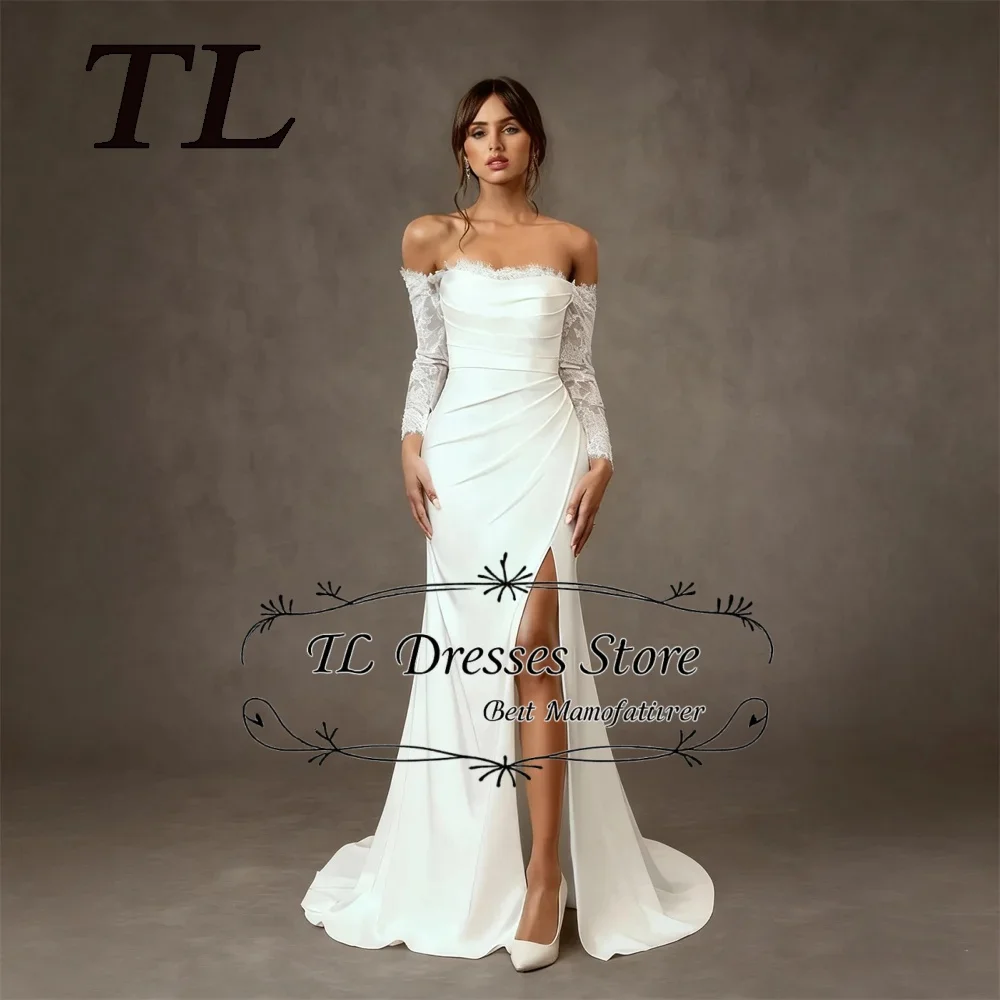TL Off The Shoulder Scoop Neckline Lace Applique Full Sleeves Sheath/Mermaid Wedding Dresses Side Slit 2026 Rode De Morrie
TL Off The Shoulder Scoop Neckline Lace Applique Full Sleeves Sheath/Mermaid Wedding Dresses Side Slit 2026 Rode De Morrie