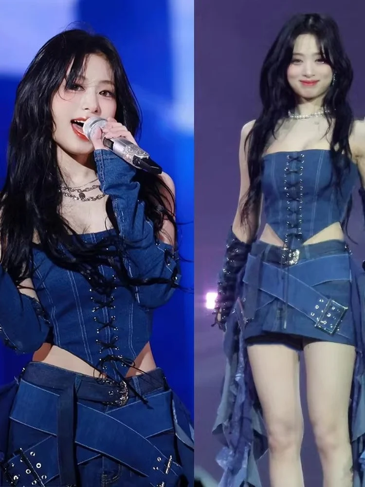Ahyeon Denim Crop Top And Skirt Set for Women's Group Performances Gogo Bar Show Outfits Korean Style Stage Costumes
Ahyeon Denim Crop Top And Skirt Set for Women's Group Performances Gogo Bar Show Outfits Korean Style Stage Costumes