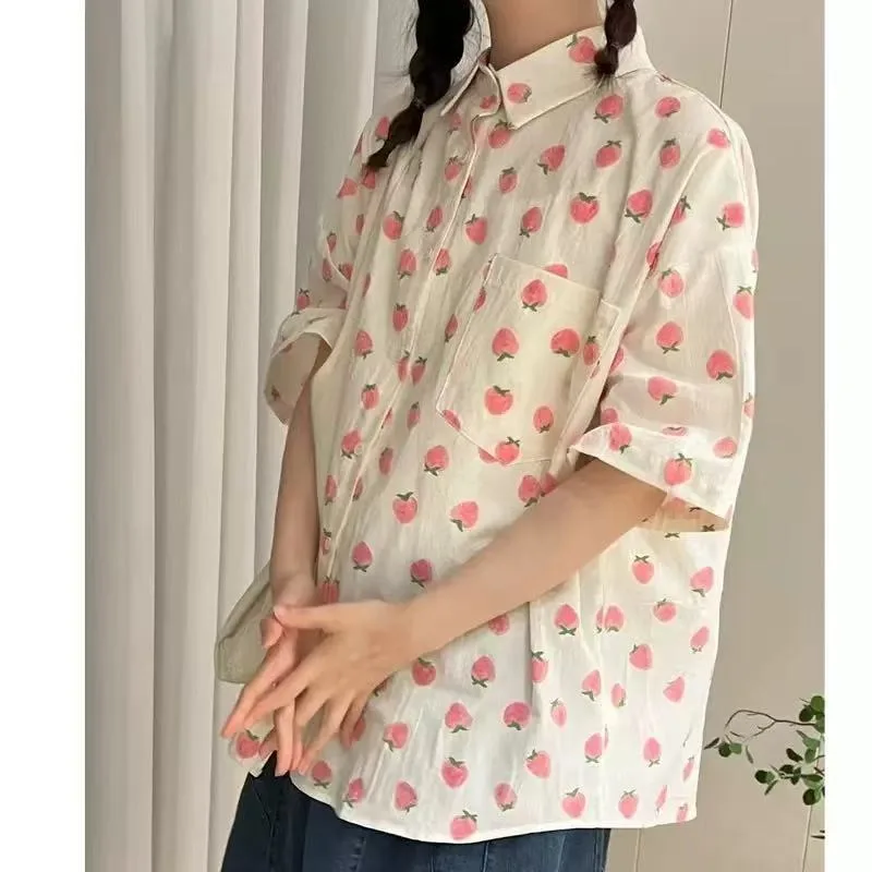 Cute Peach Full Printed Lolita Girls Short Sleeve Blouse Pockets Polo Neck Button Up Shirts Summer Harajuku Women Students Tops
Cute Peach Full Printed Lolita Girls Short Sleeve Blouse Pockets Polo Neck Button Up Shirts Summer Harajuku Women Students Tops