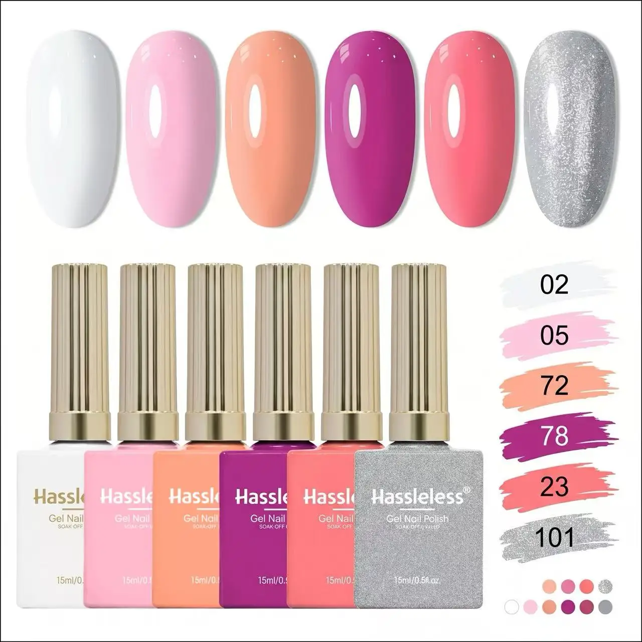 Hassleless's convenient 6-pack of 15ml solid color nail polishes features LED removable polish, easy application, and is suitabl
Hassleless's convenient 6-pack of 15ml solid color nail polishes features LED removable polish, easy application, and is suitabl