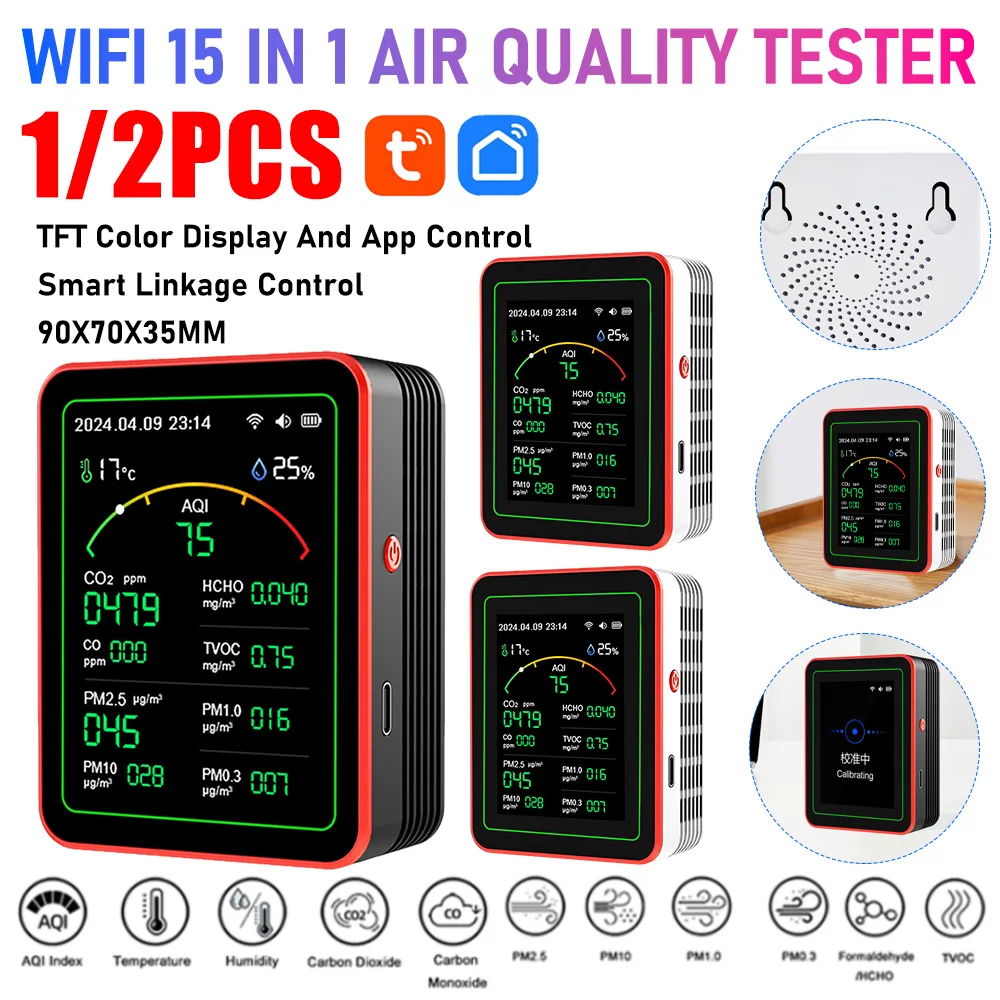 Wi-Fi 15 в 1, монитор качества воздуха, приложение для управления CO2 TVOC, тестер HCHO, TFT-дисплей, детектор качества воздуха, измеритель температуры и влажности
Wi-Fi 15 в 1, монитор качества воздуха, приложение для управления CO2 TVOC, тестер HCHO, TFT-дисплей, детектор качества воздуха, измеритель температуры и влажности