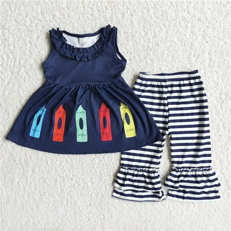 2022 RTS Wholesale Hot Selling Pencil Printing Short Sleeveless Shirt Black White Stripes Bell Bottoms Baby Clothes Boutique Set
2022 RTS Wholesale Hot Selling Pencil Printing Short Sleeveless Shirt Black White Stripes Bell Bottoms Baby Clothes Boutique Set