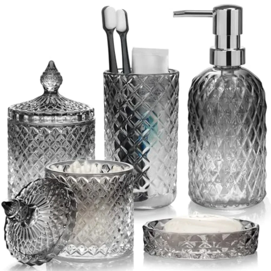 Набор аксессуаров для ванной комнаты, 5 предметов, из градиентного стекла, с дозатором для мыла, мыльницей, держателем для зубных щеток и ершиками для ушей
Набор аксессуаров для ванной комнаты, 5 предметов, из градиентного стекла, с дозатором для мыла, мыльницей, держателем для зубных щеток и ершиками для ушей