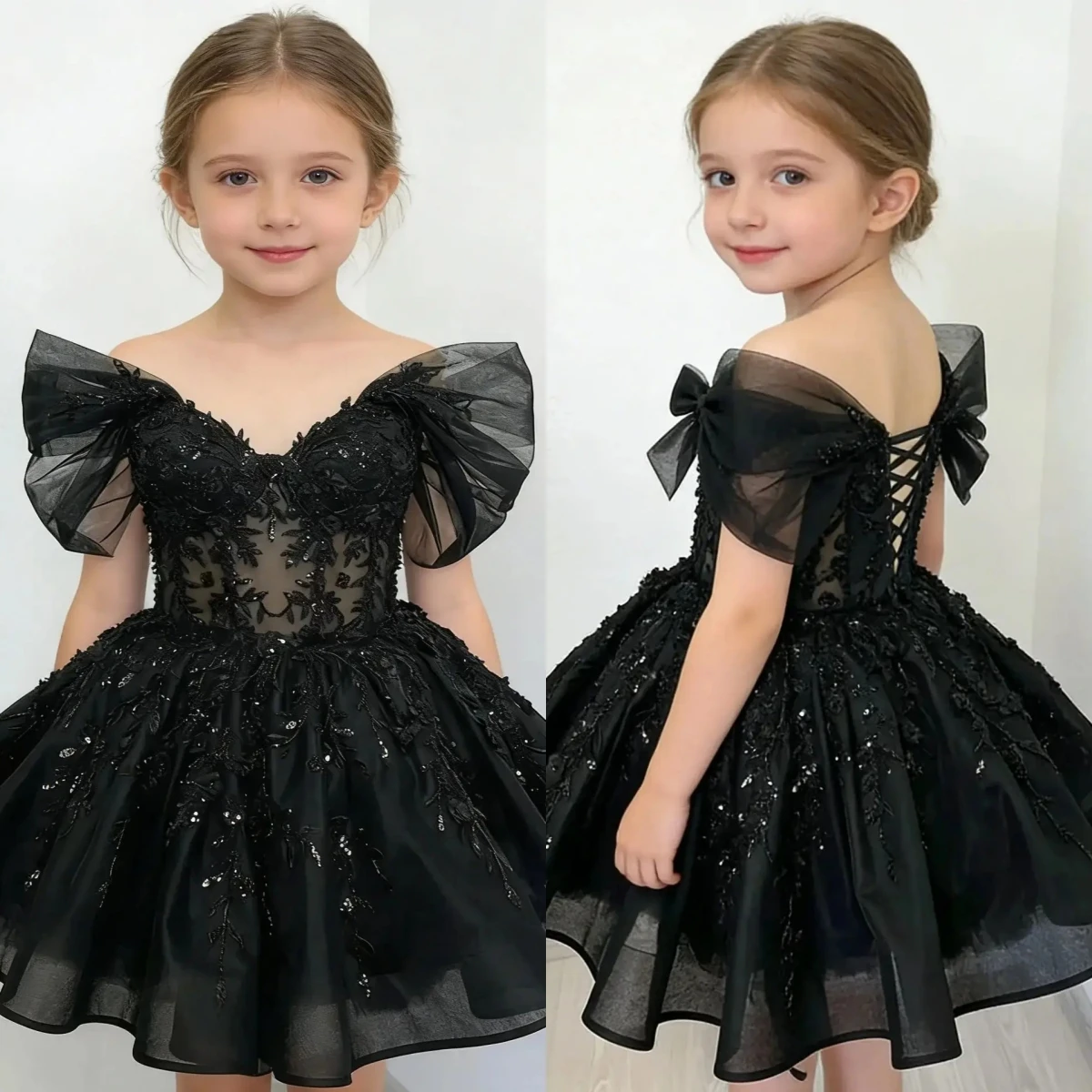 Quality Off Shoulder Black Knee Lenght Flower Girl Dress for Kids Girls Wedding V Neck See Through Beading Applique Bridal Gowns
Quality Off Shoulder Black Knee Lenght Flower Girl Dress for Kids Girls Wedding V Neck See Through Beading Applique Bridal Gowns