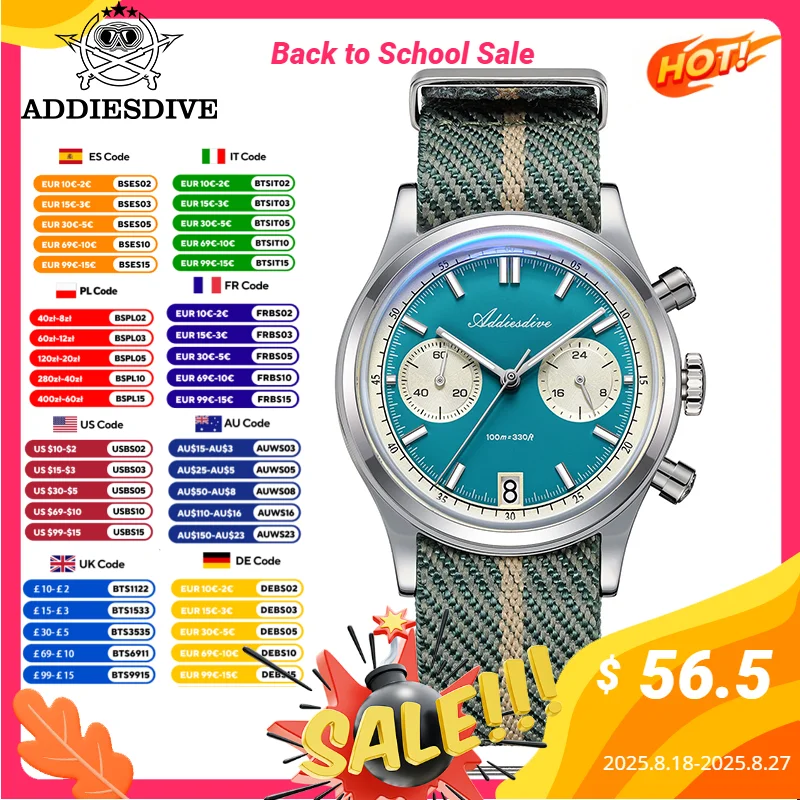 ADDIESDIVE Hot Sale AD2095 Men's Watch Bubble Mirror Glass VK64 Chronograph Quartz Watches 38mm Luminous Waterproof WristWatch
ADDIESDIVE Hot Sale AD2095 Men's Watch Bubble Mirror Glass VK64 Chronograph Quartz Watches 38mm Luminous Waterproof WristWatch