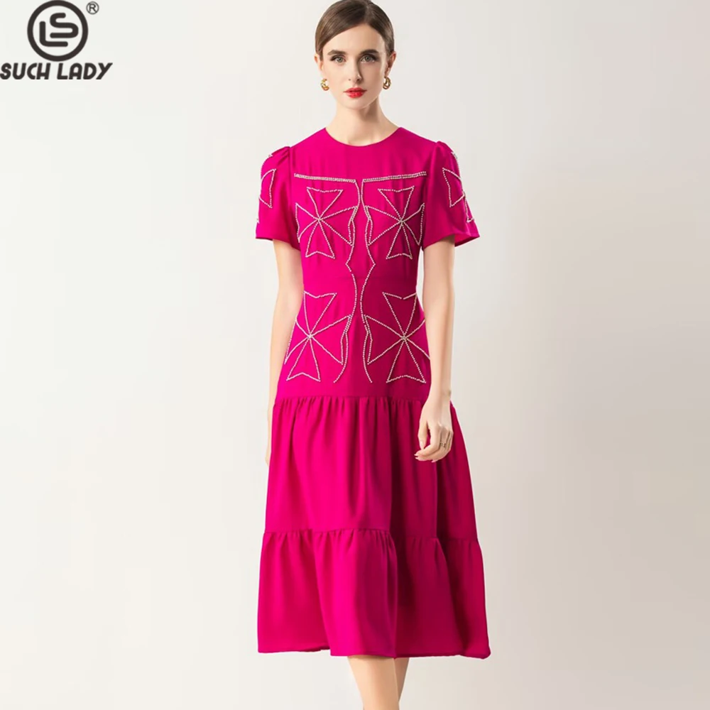 Women's Fuchsia Beaded Embroidery Dress, Short Sleeve Tiered A-Line Midi Dress Elegant Party Gown with Geometric Beadwork Detail
Women's Fuchsia Beaded Embroidery Dress, Short Sleeve Tiered A-Line Midi Dress Elegant Party Gown with Geometric Beadwork Detail