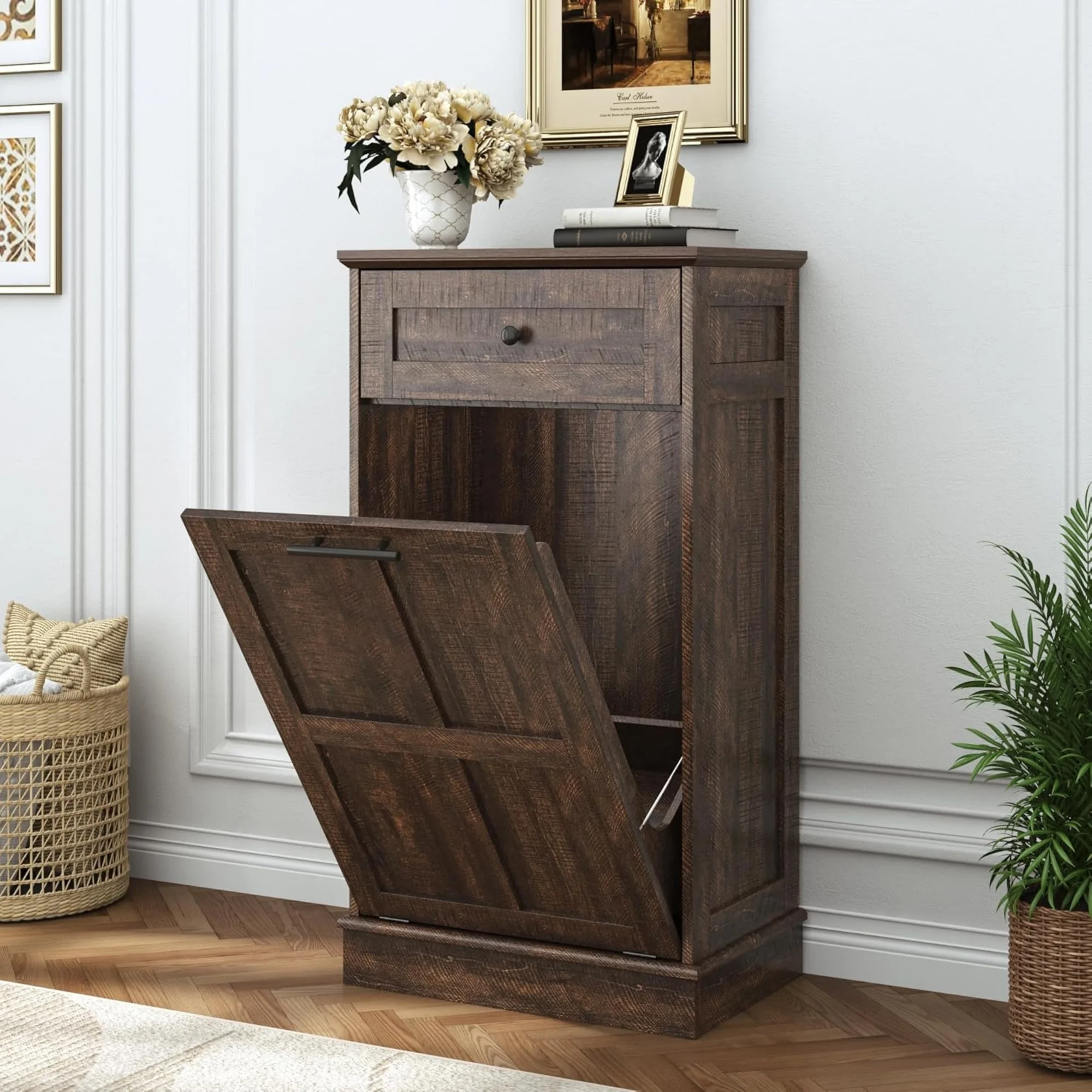 Farmhouse Tilt-Out Trash Can Cabinet, 13 Gallon Laundry Hamper with Drawers, Wooden Hidden Garbage Can Cabinet w/Storage for Kitchen & Living Room, Brown
Farmhouse Tilt-Out Trash Can Cabinet, 13 Gallon Laundry Hamper with Drawers, Wooden Hidden Garbage Can Cabinet w/Storage for Kitchen & Living Room, Brown