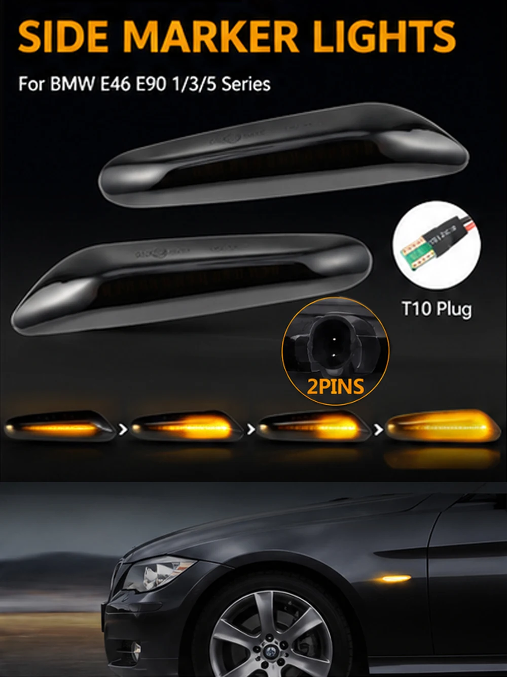 Dynamic LED Side Marker Turn Signal Light For BMW E46 E90 E81 E82 E87 E88 E60 Sequential Fender Lamp Amber 2Pin/ T10 Plug & Play
Dynamic LED Side Marker Turn Signal Light For BMW E46 E90 E81 E82 E87 E88 E60 Sequential Fender Lamp Amber 2Pin/ T10 Plug & Play