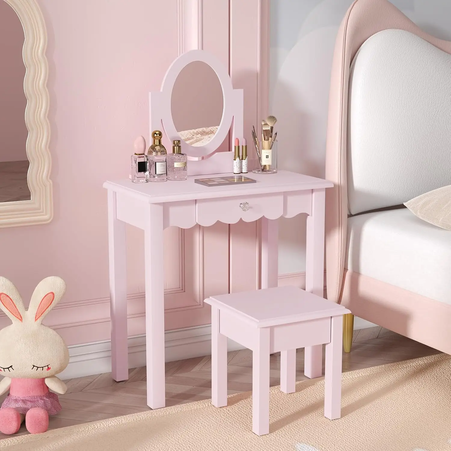 Kids 2-in-1 Wooden Vanity Set with Mirror Stool Drawer Detachable Top Girls Room Dresser Pink, Customized
Kids 2-in-1 Wooden Vanity Set with Mirror Stool Drawer Detachable Top Girls Room Dresser Pink, Customized