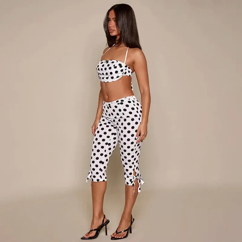 Women Sexy Polka Dots Print 2 Piece Set Lace Up Halter Backless Camisole Crop Tops + Bow Tie Calf Length Pants Clubwear Suits
Women Sexy Polka Dots Print 2 Piece Set Lace Up Halter Backless Camisole Crop Tops + Bow Tie Calf Length Pants Clubwear Suits