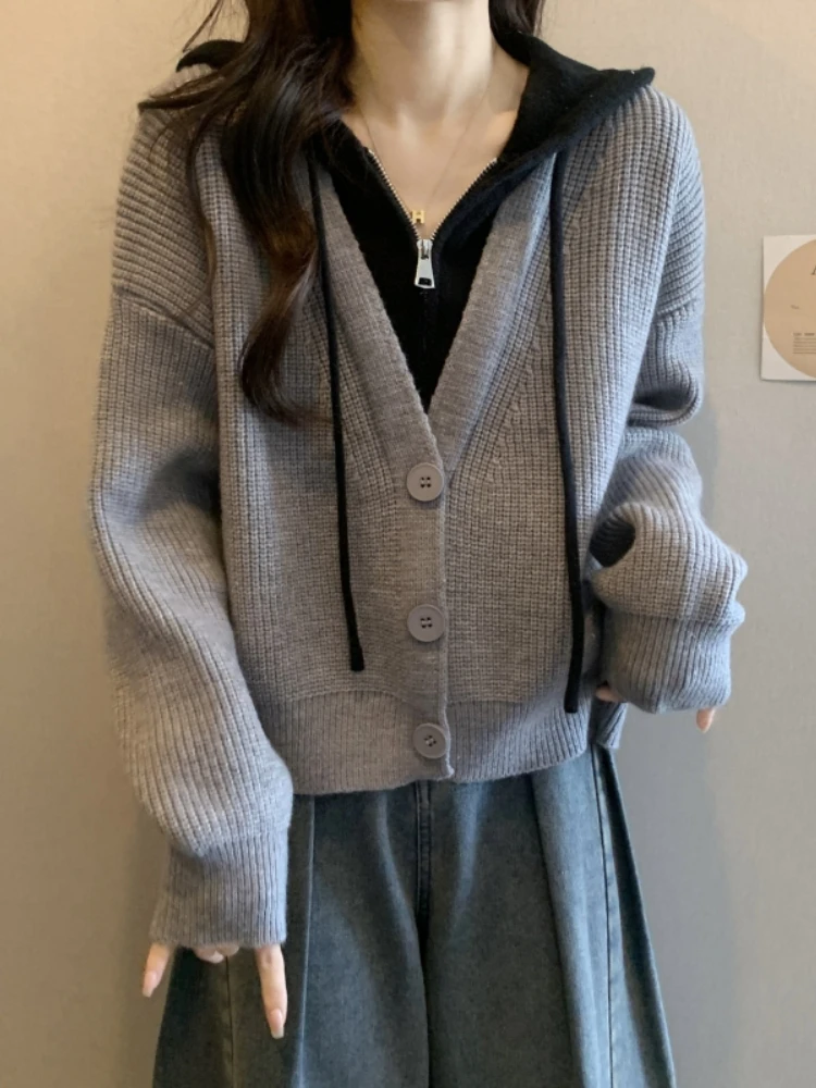 Trendy Short Hooded Knit Sweater Jacket Women's Spring Autumn plus Size Fake Two-Piece Knitted Open Cardigan Top
Trendy Short Hooded Knit Sweater Jacket Women's Spring Autumn plus Size Fake Two-Piece Knitted Open Cardigan Top
