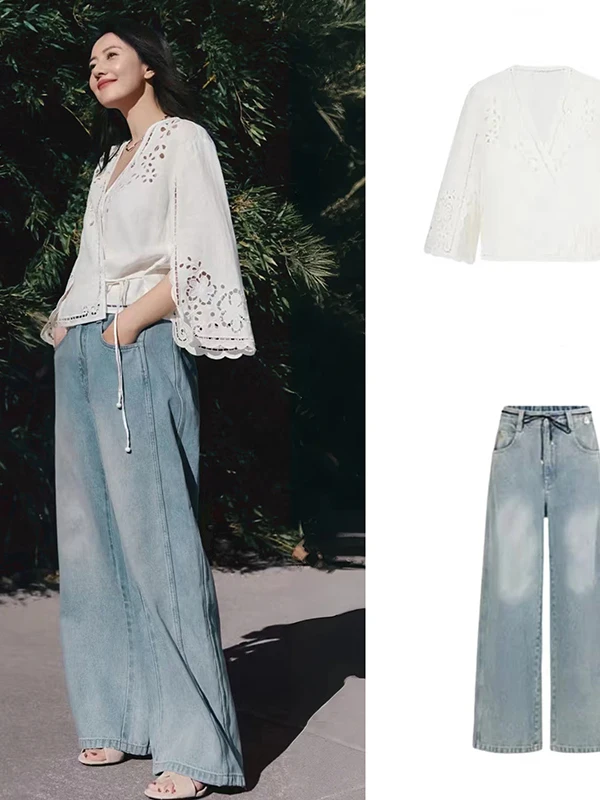 High round Summer 2026 Trendy Luxury Style Belted Floral V-neck Top Distressed Denim Wide Leg Pants Set Women's Fashion Ensemble
High round Summer 2026 Trendy Luxury Style Belted Floral V-neck Top Distressed Denim Wide Leg Pants Set Women's Fashion Ensemble