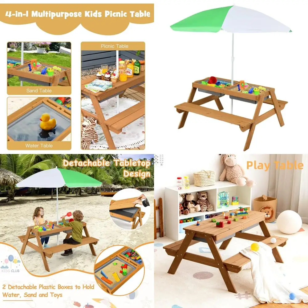 Универсальный уличный стол для пикника с песочницей и водным бассейном, со съемной столешницей, игровыми ящиками, регулируемым зонтиком и деревянной сенсорной скамейкой
Универсальный уличный стол для пикника с песочницей и водным бассейном, со съемной столешницей, игровыми ящиками, регулируемым зонтиком и деревянной сенсорной скамейкой