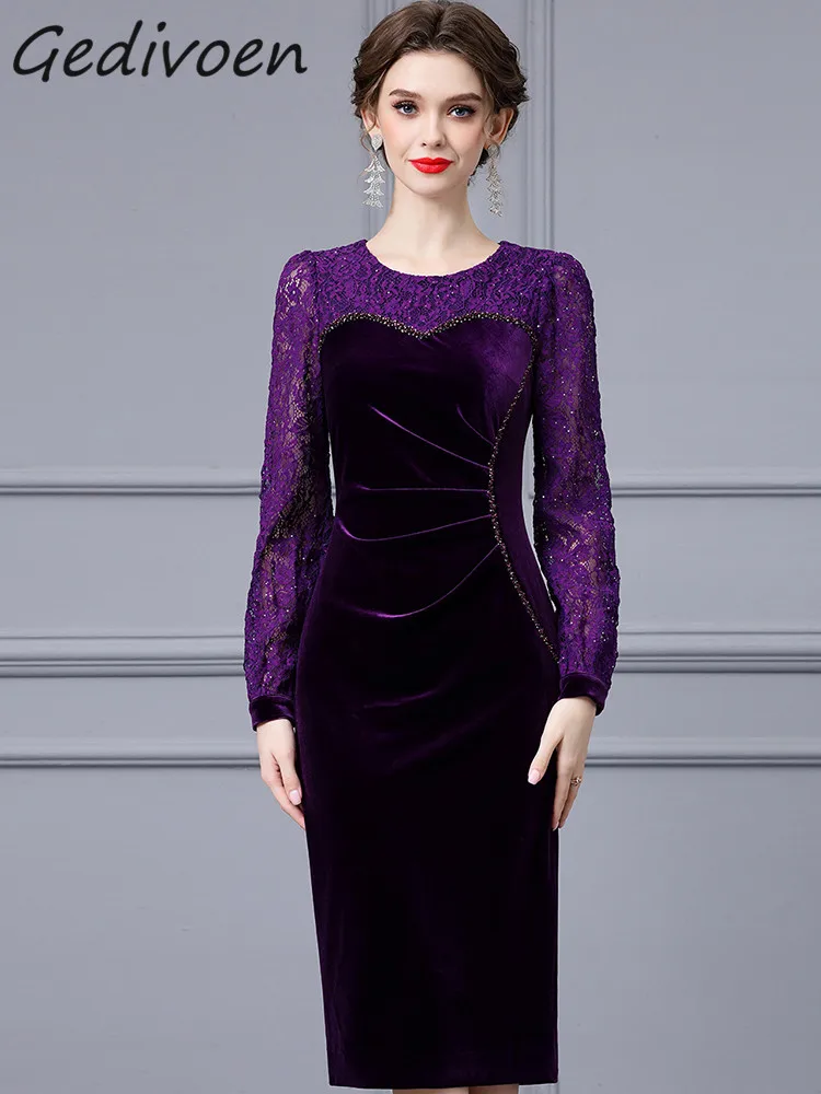 Gedivoen Autumn Fashion Runway Purple Luxury Spliced Dress Women O Neck Lace Long Sleeve Diamond Package Buttock Slim Long Dress
Gedivoen Autumn Fashion Runway Purple Luxury Spliced Dress Women O Neck Lace Long Sleeve Diamond Package Buttock Slim Long Dress