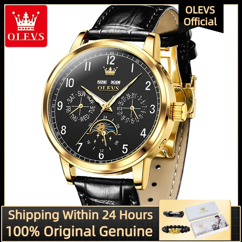 OLEVS 6689 Мужские часы с кожаным ремешком из нержавеющей стали, светящиеся водонепроницаемые многофункциональные автоматические механические часы с фазой Луны 
OLEVS 6689 Мужские часы с кожаным ремешком из нержавеющей стали, светящиеся водонепроницаемые многофункциональные автоматические механические часы с фазой Луны