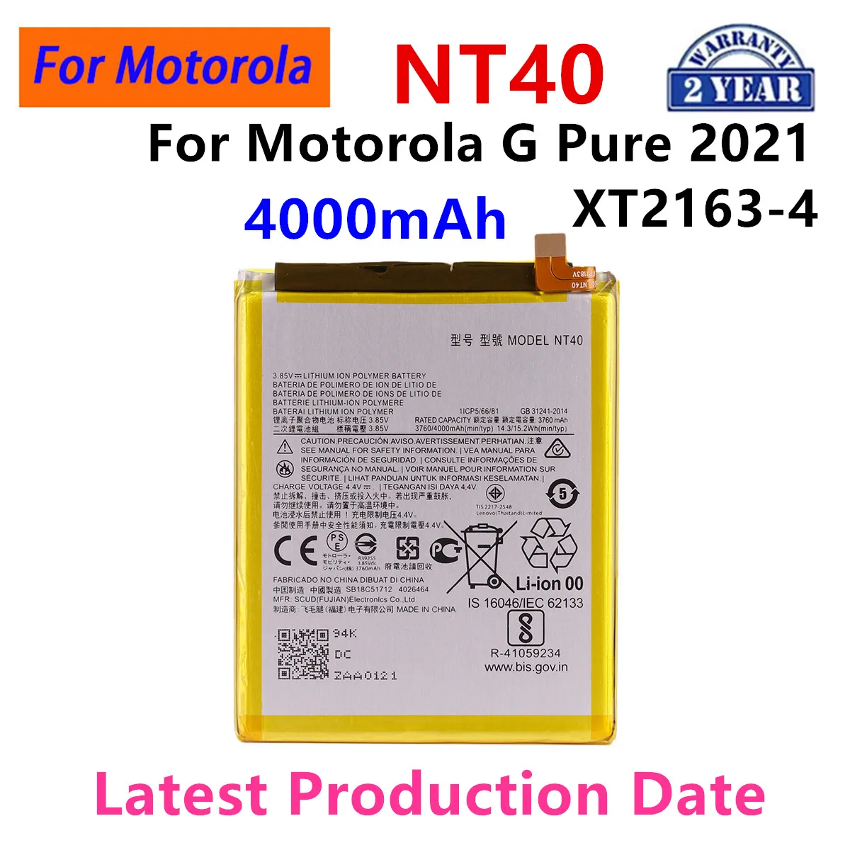 Brand New NT40 4000mAh Battery For Motorola G Pure 2021 XT2163-4 phone Batteries
Brand New NT40 4000mAh Battery For Motorola G Pure 2021 XT2163-4 phone Batteries