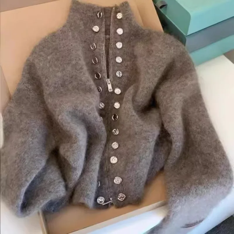 Grey Heavy-duty Double Breasted Stand Up Collar Sweater Jacket for Women, Autumn and Winter Thick Zipper Knitted Sweater Top
Grey Heavy-duty Double Breasted Stand Up Collar Sweater Jacket for Women, Autumn and Winter Thick Zipper Knitted Sweater Top