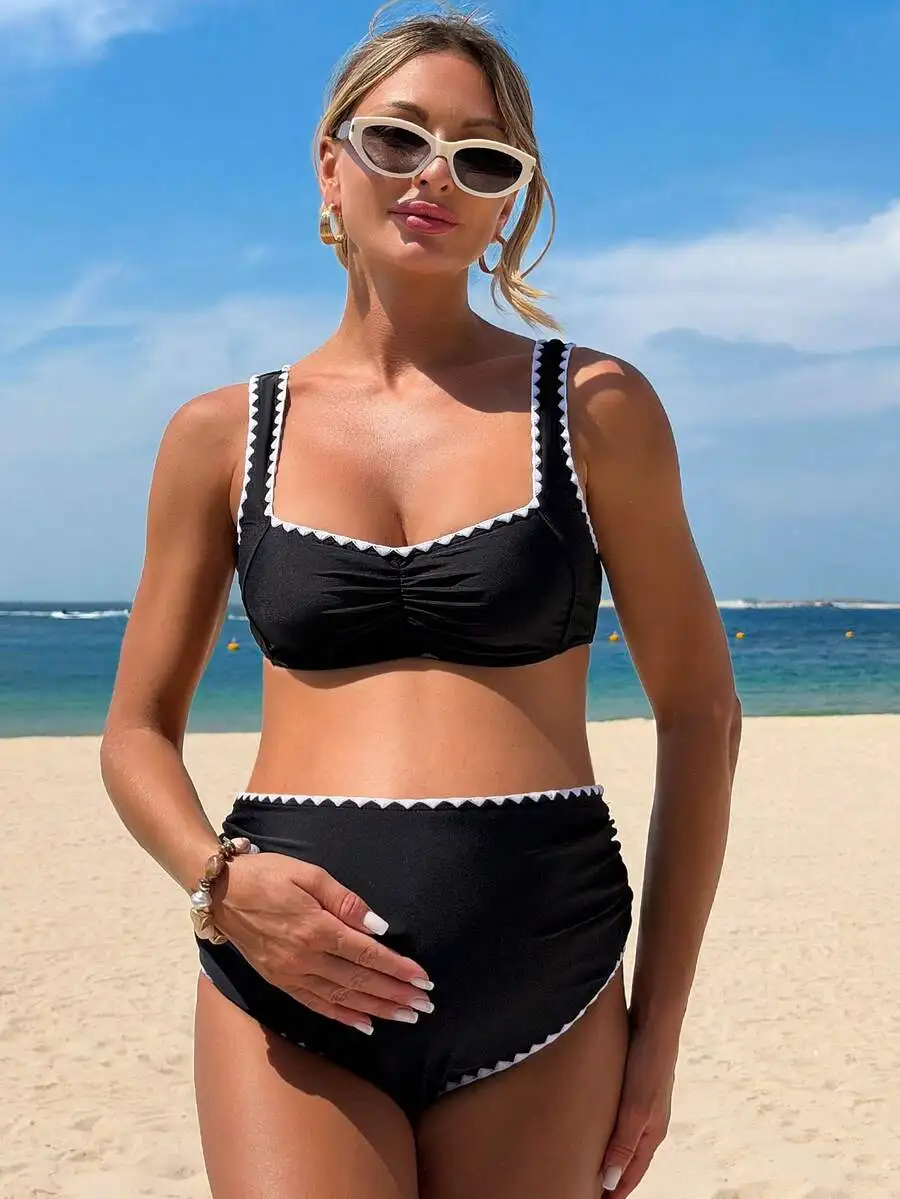 Black Two-Piece Maternity Swimwear Set With Shark Tooth Trim High Waist Tummy Control Beach Bathing Suit
Black Two-Piece Maternity Swimwear Set With Shark Tooth Trim High Waist Tummy Control Beach Bathing Suit