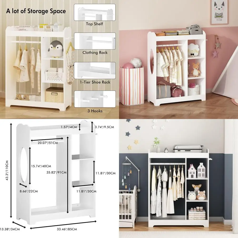 Белый деревянный детский шкаф с зеркалом, крючками и полками для спальни или детской комнаты
Белый деревянный детский шкаф с зеркалом, крючками и полками для спальни или детской комнаты