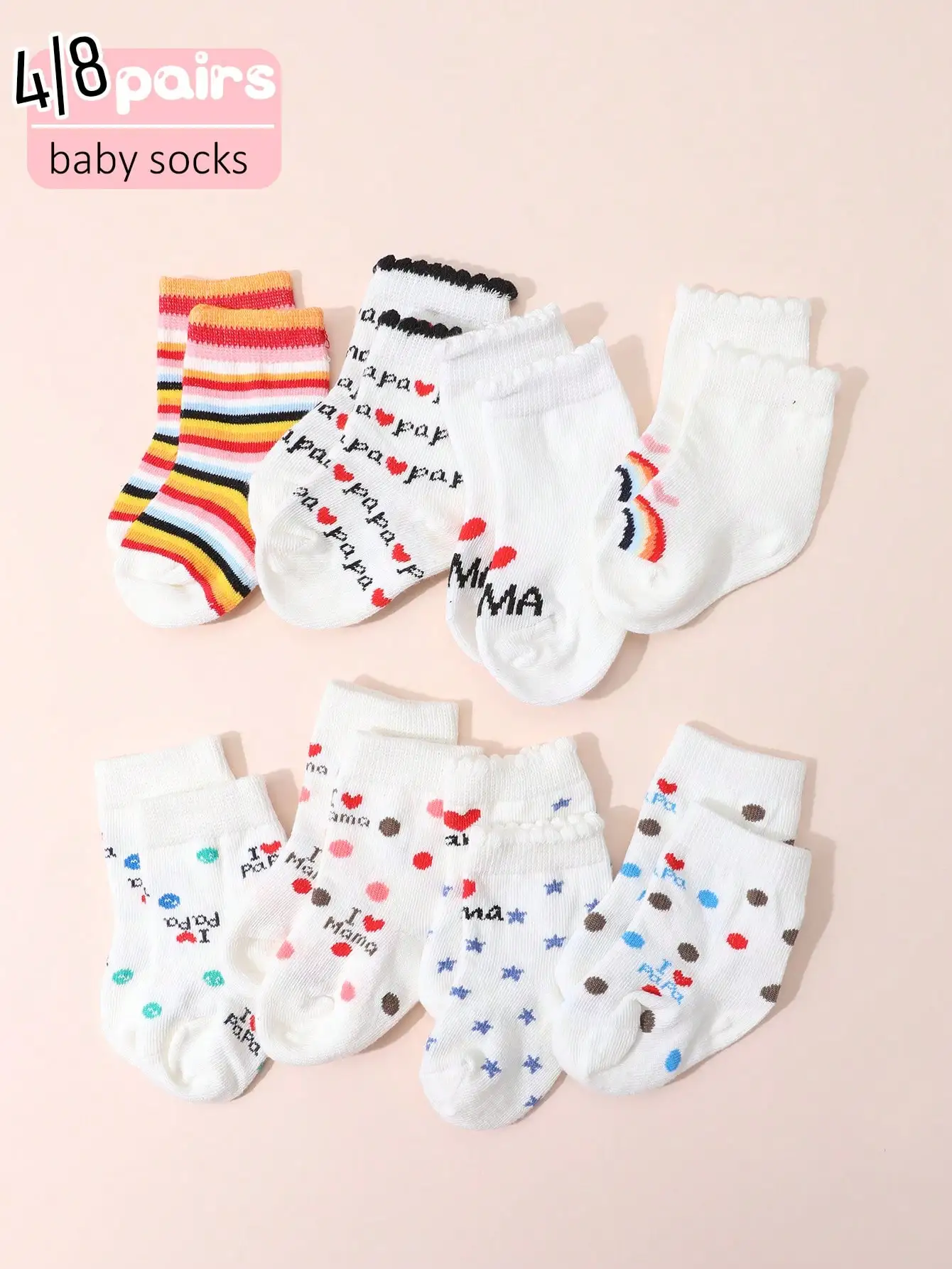 4/8 Pairs Infant Cotton Short Socks Cartoon I Love Papa Mama Rainbow Dot Star Ruffle Socks Soft Newborn Toddler 3-12M Daily Wear
4/8 Pairs Infant Cotton Short Socks Cartoon I Love Papa Mama Rainbow Dot Star Ruffle Socks Soft Newborn Toddler 3-12M Daily Wear