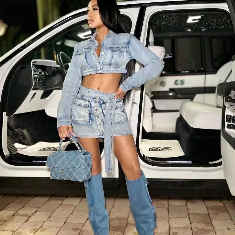 Women Jeans Cargo Two Piece Set Turn Down Collar Long Sleeve Single Breasted Crop Jackets Top Pockets Belt Mini Skirts Suits
Women Jeans Cargo Two Piece Set Turn Down Collar Long Sleeve Single Breasted Crop Jackets Top Pockets Belt Mini Skirts Suits