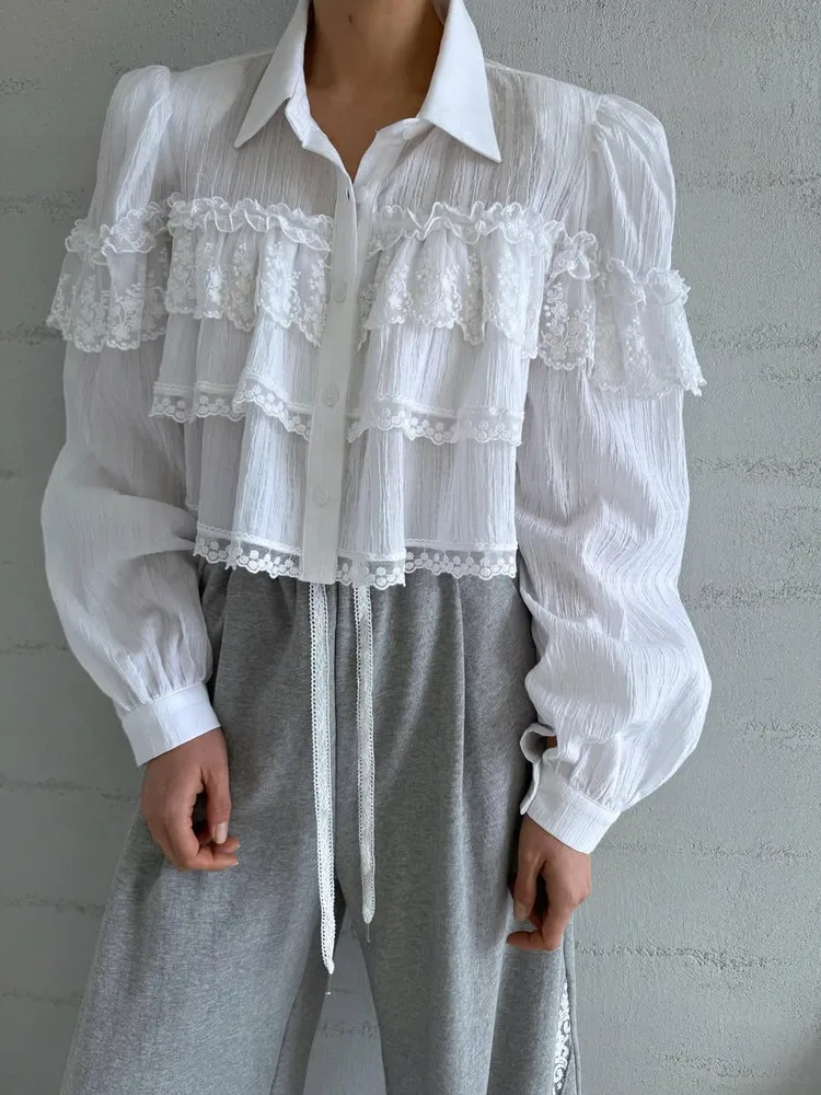 Lace Patchwork Embroidered Loose Fit irt Women's Court Sle Turn-down Collar ort Breathable Cotton Polyester Blend
Lace Patchwork Embroidered Loose Fit irt Women's Court Sle Turn-down Collar ort Breathable Cotton Polyester Blend