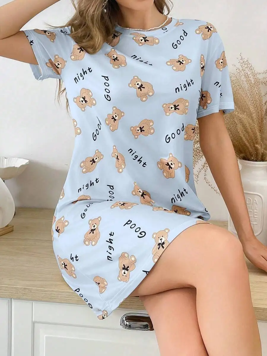 Womens Bear And Letter Print Short Sleeve Nightgown Sleep Dress
Womens Bear And Letter Print Short Sleeve Nightgown Sleep Dress